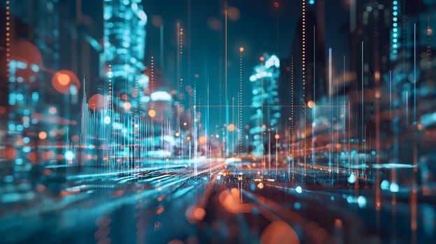 Dynamic Finance Flow, Double Exposure of Data and Technology background. Neural network generated image. Not based on any actual scene or pattern.