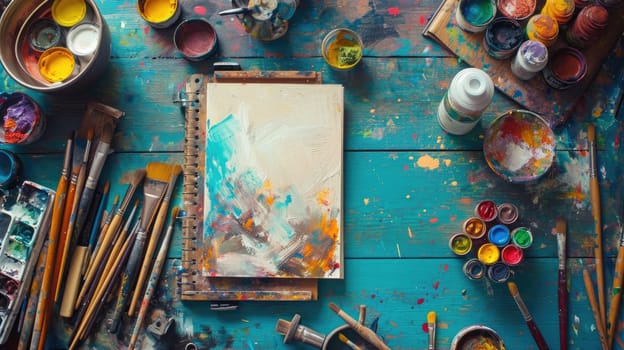 An artist's workspace is a vibrant mess, with paintbrushes, open paint jars, and a color-splattered palette and sketchbook. Resplendent.