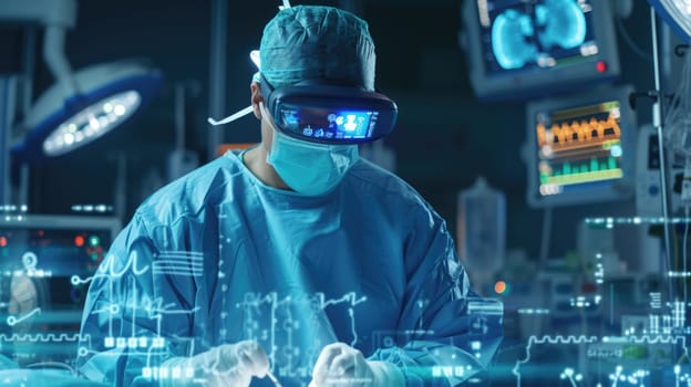 A surgeon, immersed in virtual reality, performs surgery on a patient in an electric blue-lit operating room, blending science, engineering, and the art of fiction. AIG41