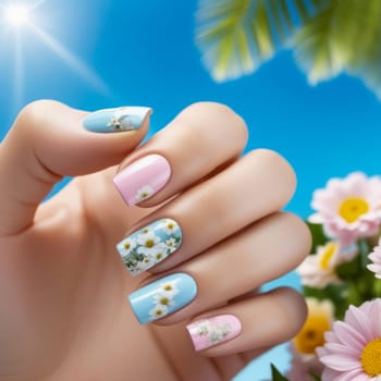 Nail design idea with square shape, pastel blue and pink tones, flowers against summer sky.