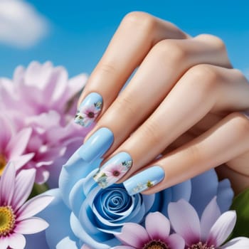 Nail design idea with square shape, pastel blue and pink tones, flowers against summer sky.