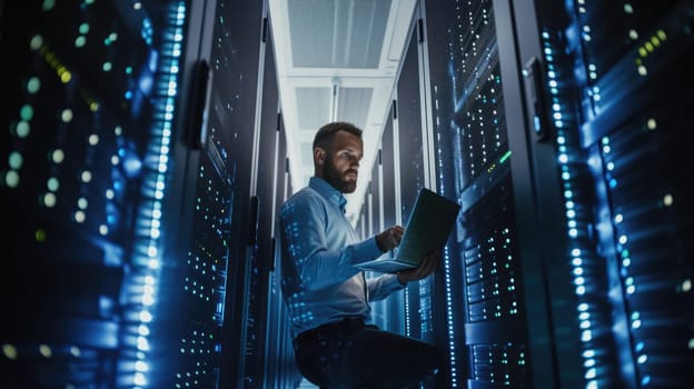 A man stands in a dark server room, gazing at a laptop, surrounded by electric blue technology, glass walls, and metallic machines. AIG41