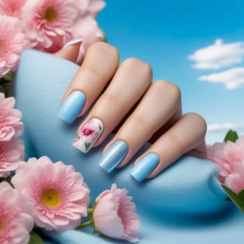 Nail design idea with square shape, pastel blue and pink tones, flowers against summer sky.