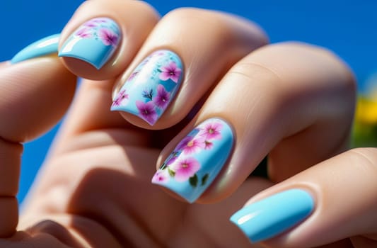 Nail design idea with square shape, pastel blue and pink tones, flowers against summer sky.