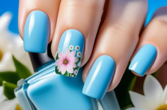 Nail design idea with square shape, pastel blue and pink tones, flowers against summer sky.