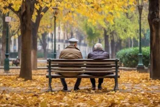 senior couple sitting on a bench in an autumn park, Generative AI.