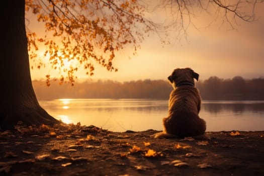showcasing a serene scene of apet sitting by a tranquil lake, with a backdrop of vibrant autumn foliage. Generative AI..