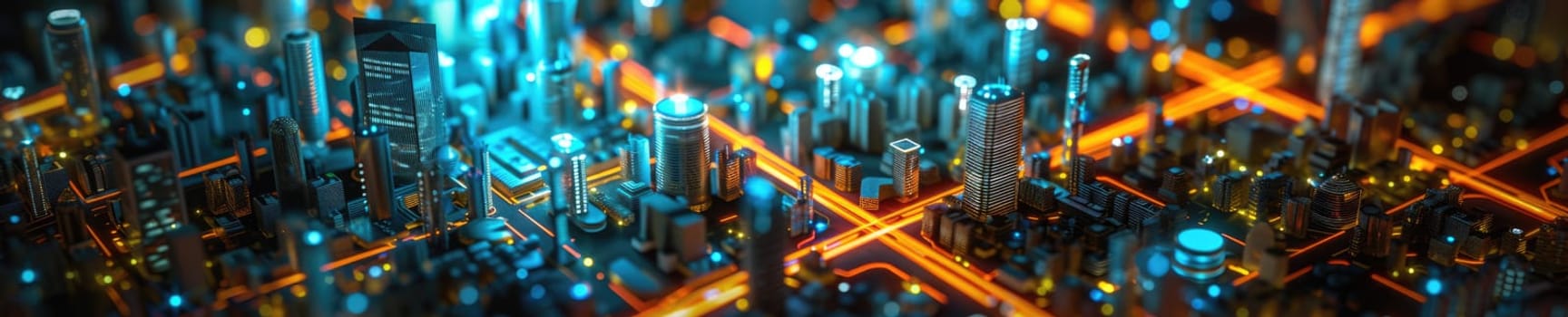 A conceptual visualization of a smart city with glowing structures on a digital circuit board, symbolizing urban technology integration concept. AIG41