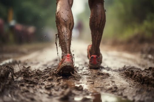 Group of close legged runners running on land . Athletics in the mud. Image generated by AI..