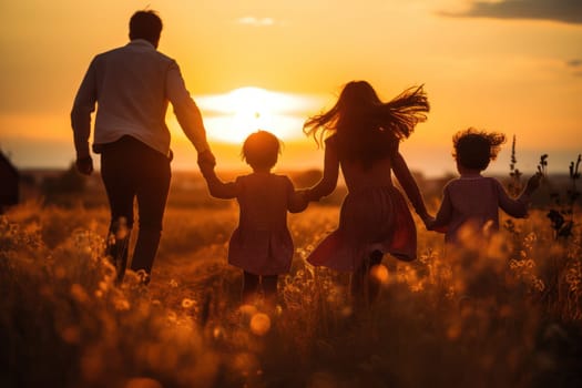 a happy family holding hands at sunset, created with generative AI.