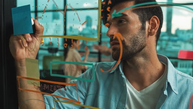 Professional businessman uses sticky notes at glass wall with graph to brainstorming idea while multicultural businesspeople discussing about marketing ideas at office with city view. Tracery