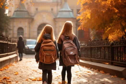 Back to school. backpack going to school together . Created using AI.