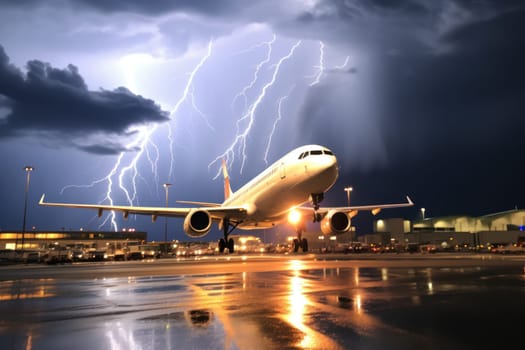 Passenger plane flies in a thunderstorm. Generate Ai..