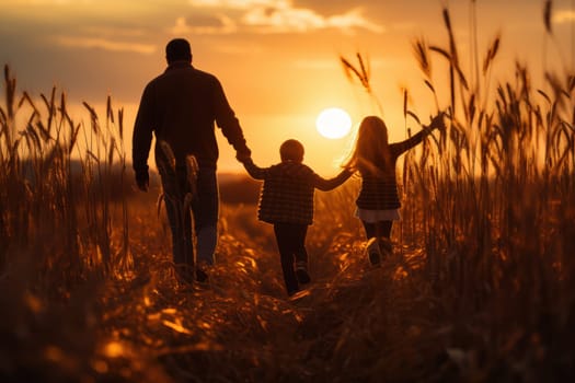 a happy family holding hands at sunset, created with generative AI.