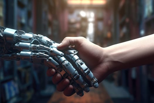 Robot and businessman hands in handshake. Generative AI.