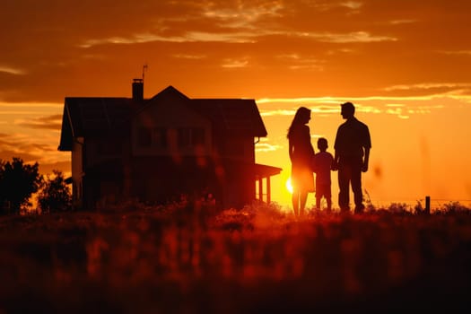 happy family standing on their home and hugging. Buying home of dream. Mortgage, home loan concept. Generative AI.