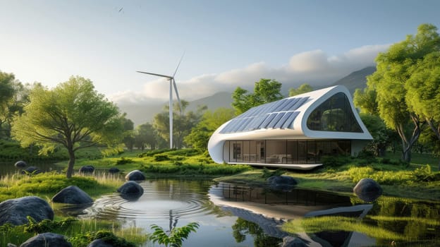 A house surrounded by natural landscape, with solar panels and wind turbines, blending art and sustainability in the modern world. AIG41