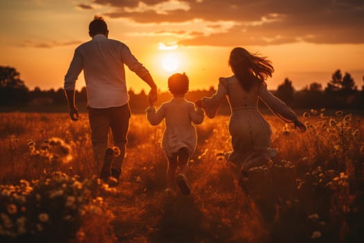 a happy family holding hands at sunset, created with generative AI.