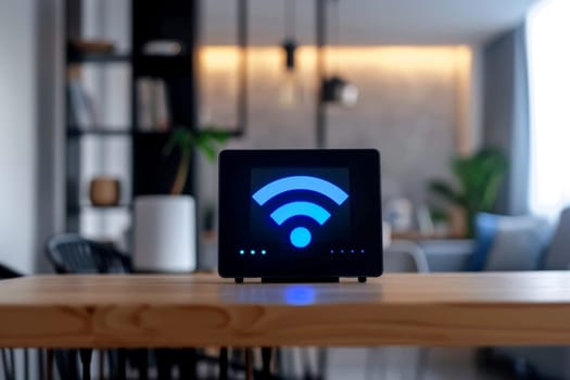 a wifi extender iot , blue wifi symbol, connected smart home.ai generative.