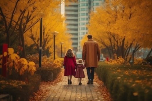 A family walk autumn in the park through a forest. Generative AI..