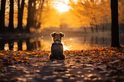 showcasing a serene scene of apet sitting by a tranquil lake, with a backdrop of vibrant autumn foliage. Generative AI..