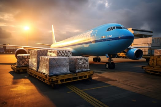 Commercial cargo air freight airplane loaded at airport in the evening, Generative AI.