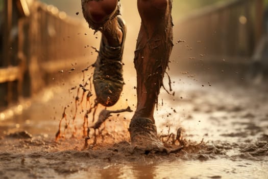 Group of close legged runners running on land . Athletics in the mud. Image generated by AI..