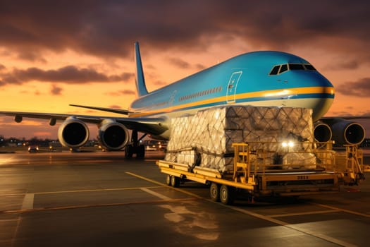 Commercial cargo air freight airplane loaded at airport in the evening, Generative AI.
