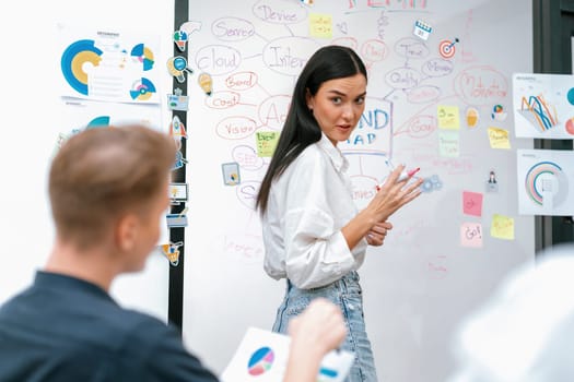 Portrait of confident caucasian businesswoman answering question while presenting creative marketing plan by using mind map, statistic graph and colorful sticky notes business meeting. Immaculate.