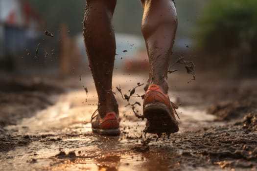 Group of close legged runners running on land . Athletics in the mud. Image generated by AI..