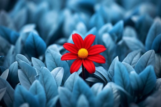 One red flower among crowd grey flowers . Concept of diversity and individuality. Generative ai.