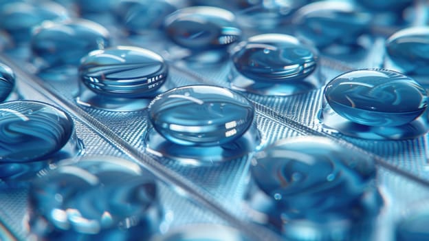 Multiple blue glass balls moving along a conveyor belt in an organized array.