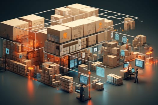 A large clean warehouse with shelves, cardboard boxes and products. Generative AI.