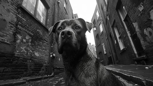 A black and white photo capturing a dog standing in an alleyway.
