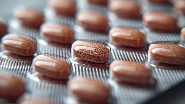 A detailed view of various pills moving along a mechanized conveyor belt in a pharmaceutical production facility.