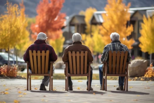 senior couple sitting on a bench in an autumn park, Generative AI.