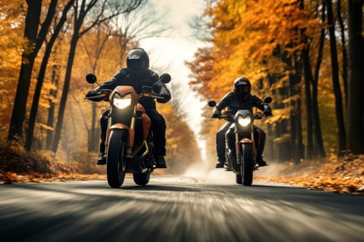 ride motorbike full of autumn flowers and leaves. Generative AI technology..