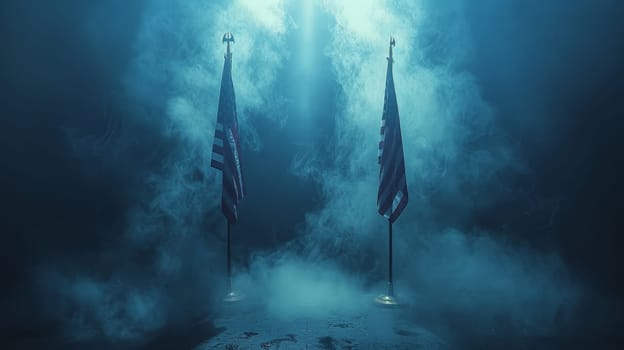 Veterans Day background, American flags against a blue fog background, November 11, Memorial Day, 4th of July, Labour Day, Independence Day.