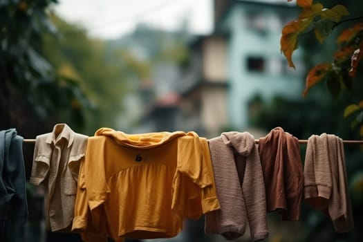 rainy day with clothes on the line, created with generative ai.