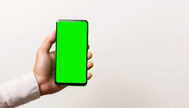 Hand holding smartphone green screen isolated on white background