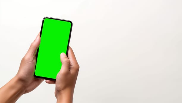 Hand holding smartphone green screen isolated on white background