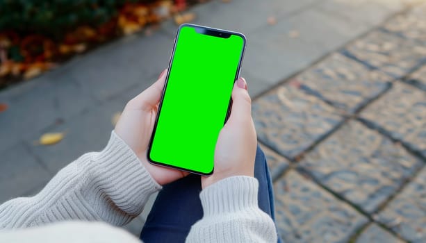 Mockup image of a business people holding smart mobile phone with blank green screen.