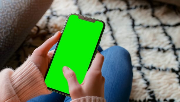 Mockup image of a business people holding smart mobile phone with blank green screen.