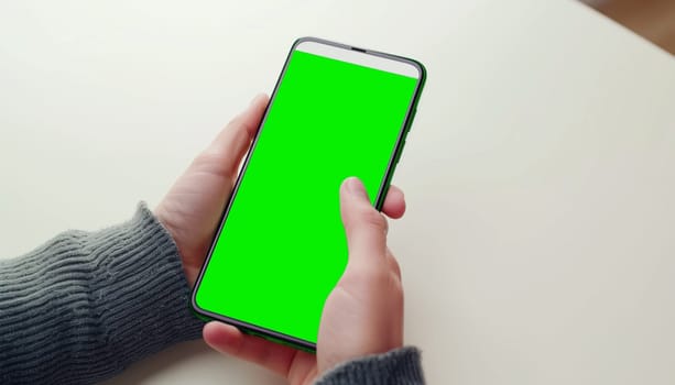 Mockup image of a business people holding smart mobile phone with blank green screen.