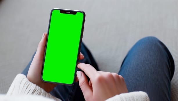 Mockup image of a business people holding smart mobile phone with blank green screen.