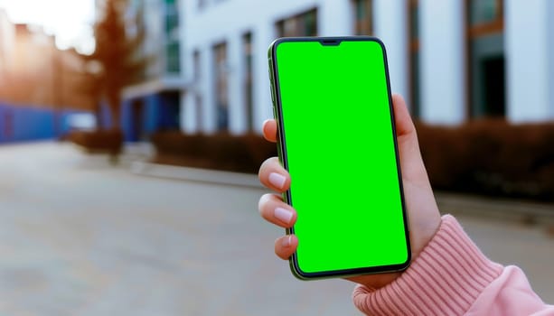 Mockup image of a business people holding smart mobile phone with blank green screen.