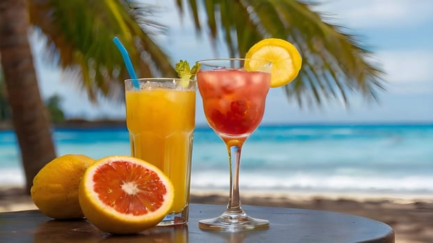 A glass of Orange juce and grapefruit cocktail are placed on a table on the tropic beach.