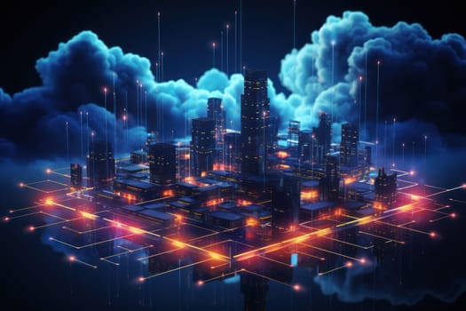 Cloud computing technology concept. Smart city and digital cloud data center.Futuristic big data processing cloud. Generative AI.