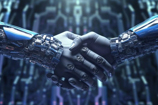 Robot and businessman hands in handshake. Generative AI.