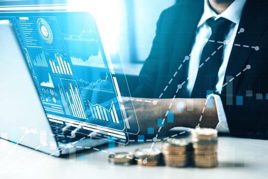 Data Analysis for Business and Finance Concept. interface showing future computer technology of profit analytic, online marketing research and information report for digital business strategy. uds